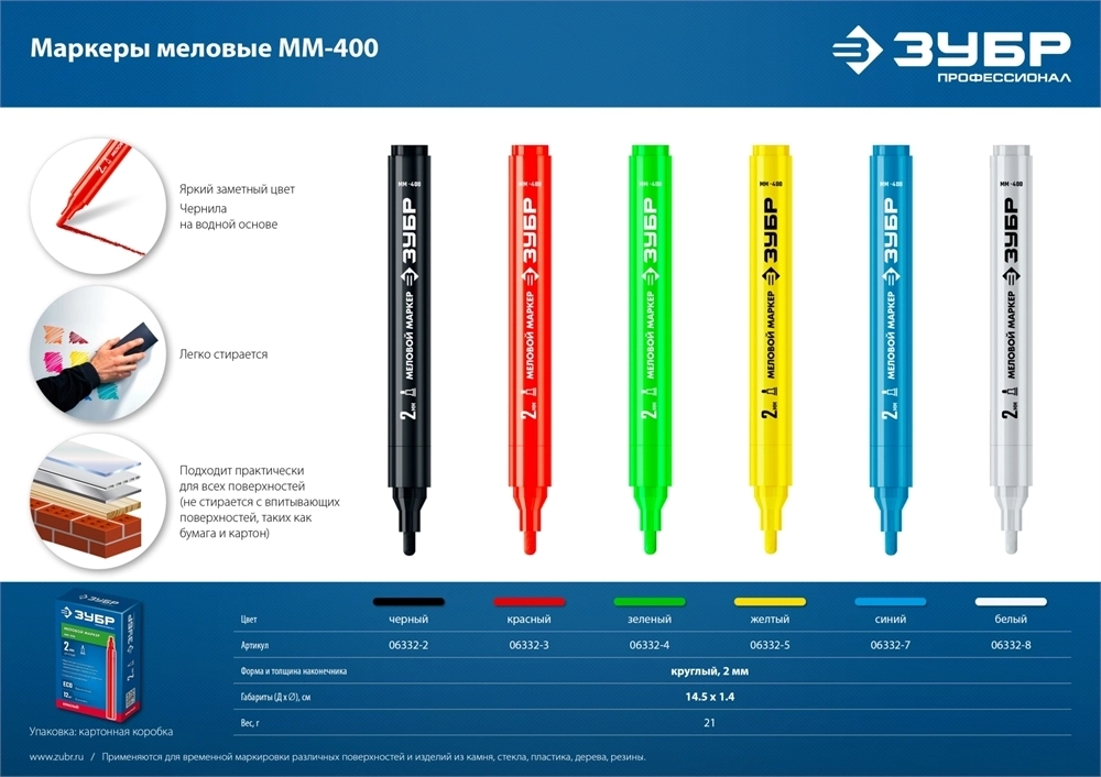 ЗУБР  ММ-400, черный, 2 мм, круглый, меловой маркер, Профессионал (06332-2) 06332-2