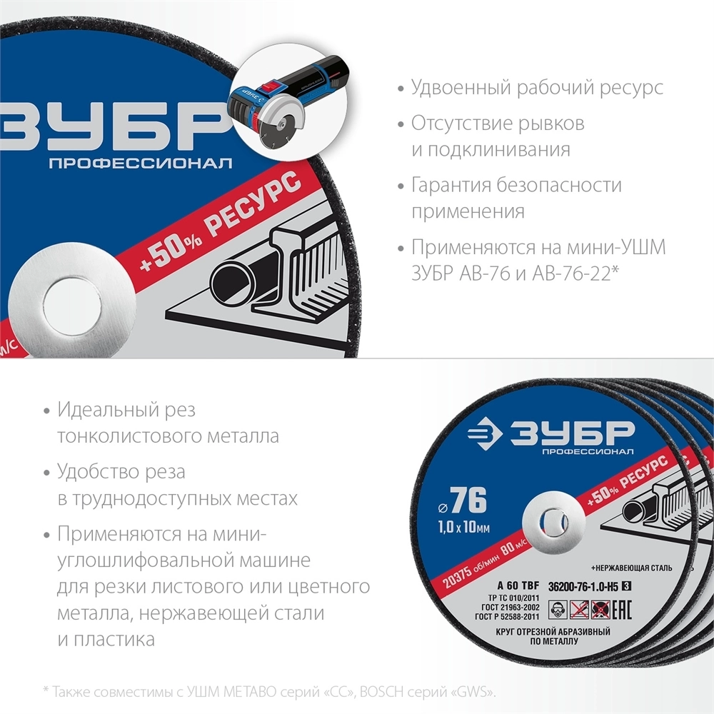 ЗУБР   76 x 1.0 x 10 мм, 5 шт, для мини УШМ, ″AB-76″, набор кругов отрезныx  по металлу, Профессионал (36200-76-1.0-H5) 36200-76-1.0-H5_z03