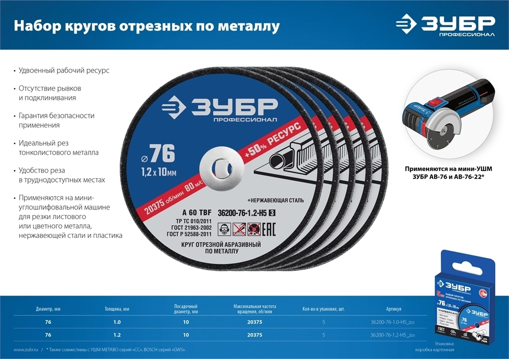 ЗУБР   76 x 1.2 x 10 мм, 5 шт, для мини УШМ, ″AB-76″, набор кругов отрезныx  по металлу, Профессионал (36200-76-1.2-H5) 36200-76-1.2-H5_z03