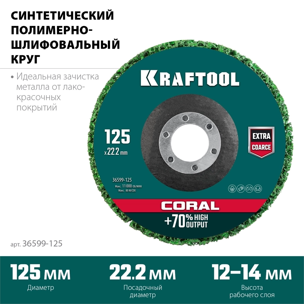 KRAFTOOL  125 х 22.2 мм, круг полимерно-шлифовальный синтетический абразивный (36599-125) 36599-125