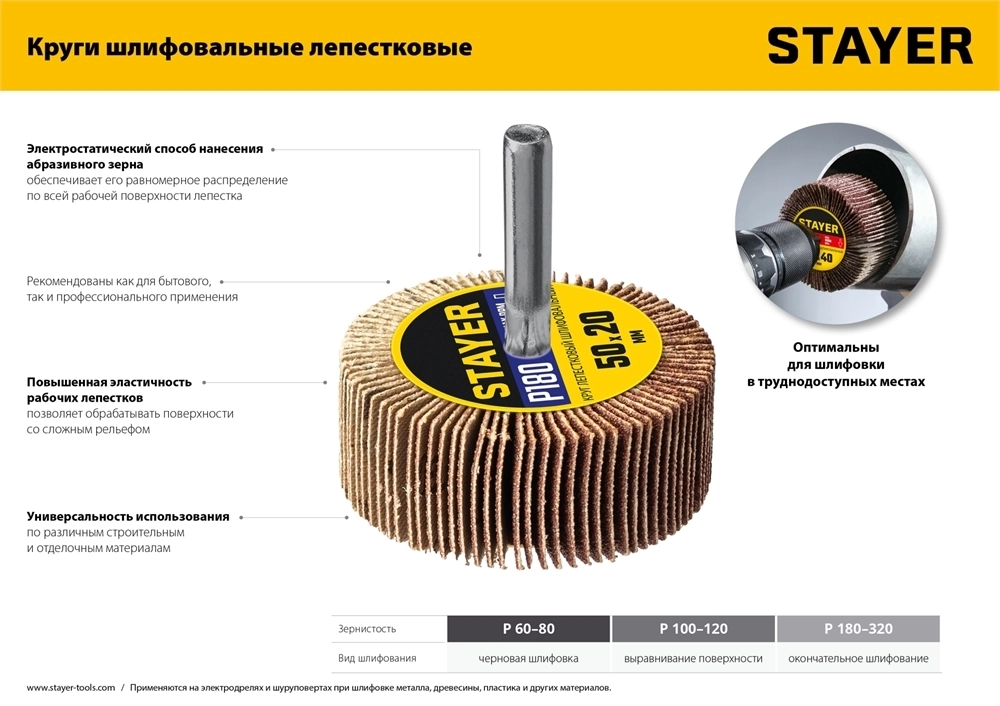 STAYER  d 30 x 15 мм, P320, на шпильке d 6 мм, круг шлифовальный лепестковый (36606-320) 36606-320