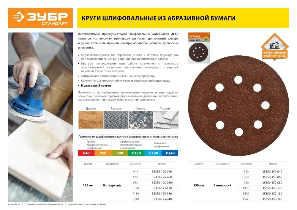 ЗУБР 125мм, 8 отв., Р80, 5 шт., круги шлифовальные из абразивной бумаги 35350-125-080 35350-125-080