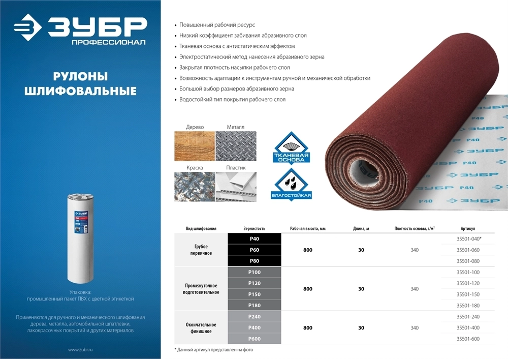 ЗУБР  Р100, 800 мм, 30 м, водостойкий, шлифовальный рулон на тканевой основе, Профессионал (35501-100) 35501-100