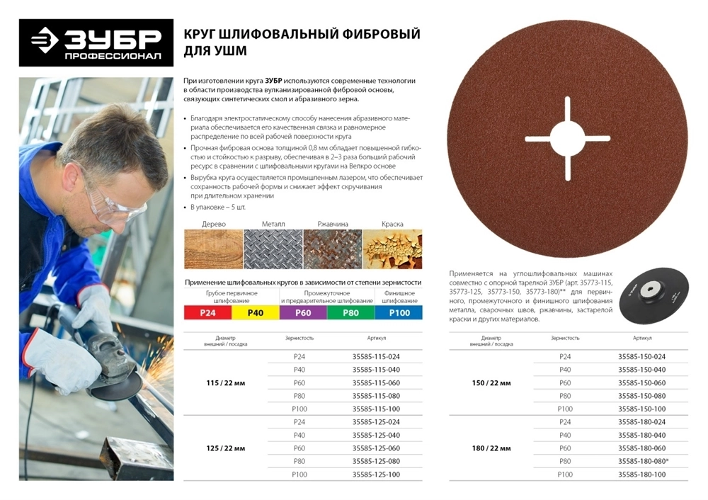 ЗУБР P40, 125х22мм, 5 листов, круг шлифовальный фибровый, для УШМ 35585-125-040 Профессионал 35585-125-040