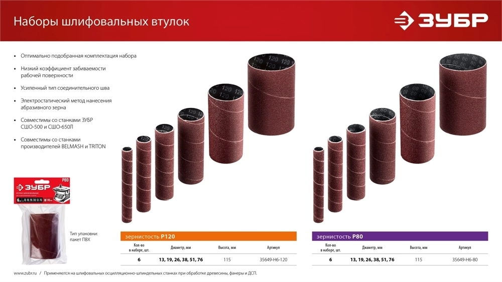 ЗУБР  набор 6 шт: 13, 19, 26, 38, 51, 76 мм, высота 115 мм, Р120, втулки шлифовальные для станка СШО-500 МАСТЕР (35649-H6-120) 35649-H6-120