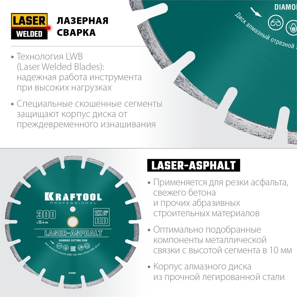 KRAFTOOL  Laser-Asphalt, 300 мм, (25.4/20 мм, 10 х 3.2 мм), сегментный алмазный диск (36687-300) 36687-300