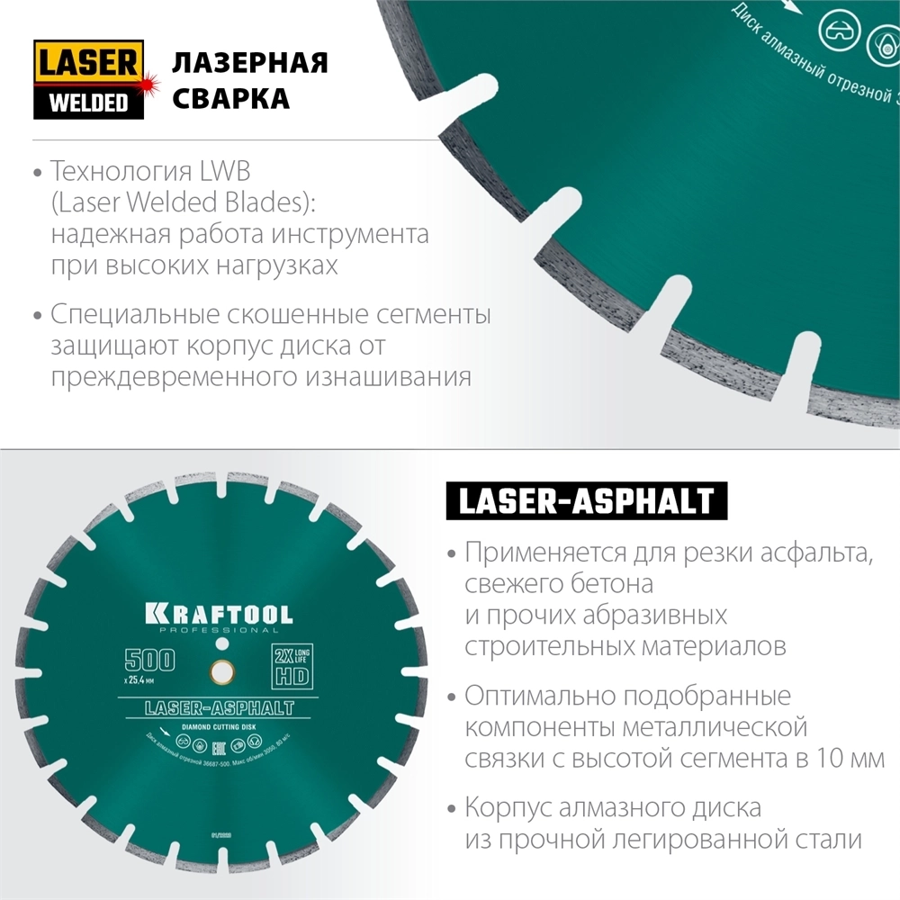 KRAFTOOL  Laser-Asphalt, 500 мм, (25.4/20 мм, 10 х 4.5 мм), сегментный алмазный диск (36687-500) 36687-500