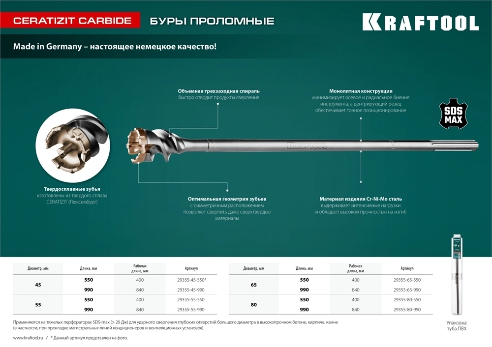 KRAFTOOL  d 65 х 890/990 мм, SDS-max проломной бур (29355-65-990) 29355-65-990