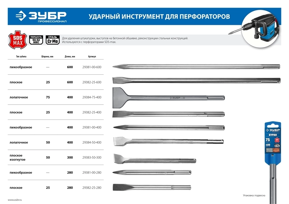 ЗУБР  Буран, 280 мм, SDS-max, пикообразное зубило, Профессионал (29381-00-280) 29381-00-280_z01