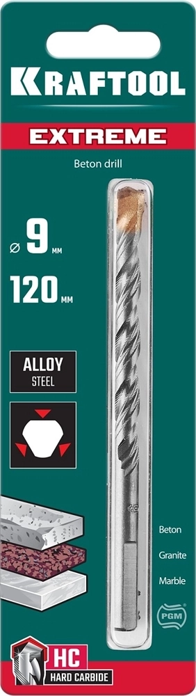 KRAFTOOL  Extreme, 9 х 120 мм, трехгранный хвостовик, сверло по бетону (29166-120-09) 29166-120-09