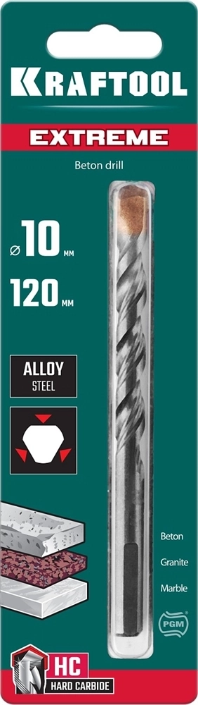 KRAFTOOL  Extreme, 10 х 120 мм, трехгранный хвостовик, сверло по бетону (29166-120-10) 29166-120-10