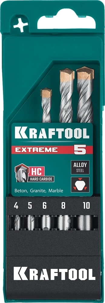 KRAFTOOL  Extreme, 5 шт: 4-5-6-8-10 мм, трехгранный хвостовик, набор сверл по бетону (29166-H5) 29166-H5