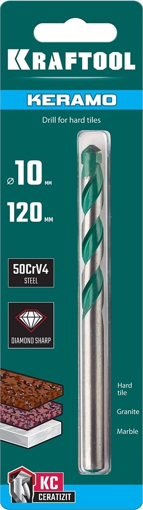 KRAFTOOL  Keramo, 10 х 120 мм, тв.сплав КС, сверло по керамограниту (29175-080-4) 29175-120-10