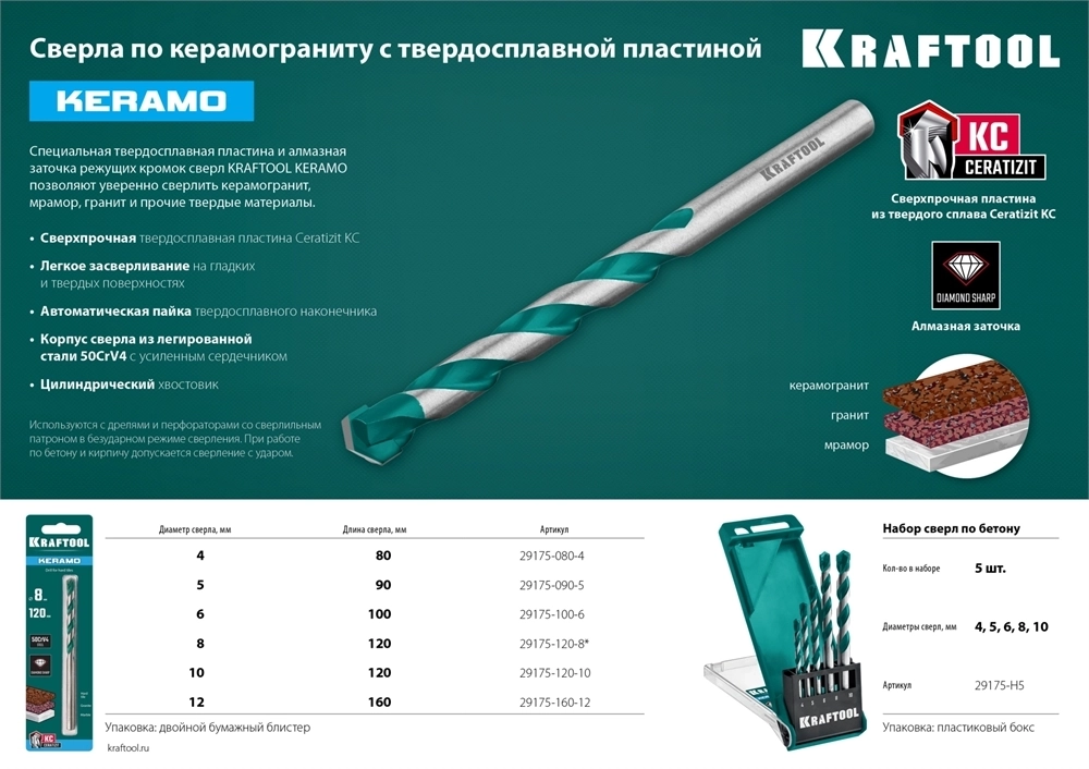 KRAFTOOL  Keramo, 8 х 120 мм, тв.сплав КС, сверло по керамограниту (29175-080-4) 29175-120-8