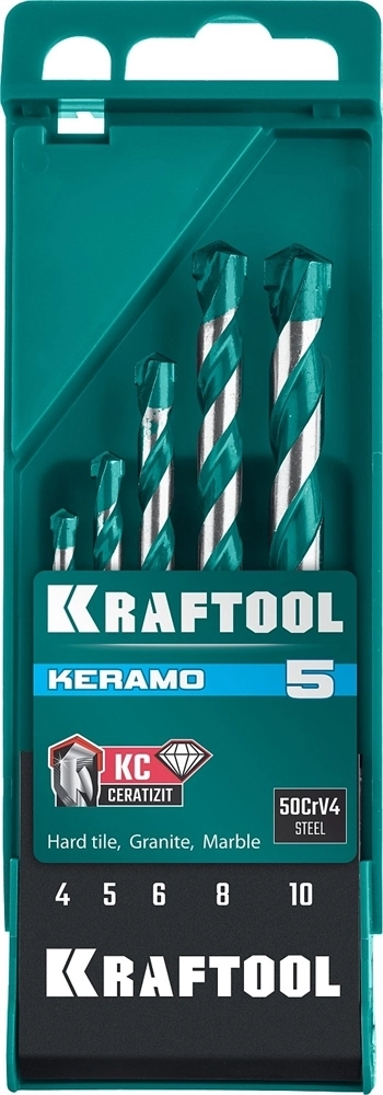 KRAFTOOL  Keramo, 5 шт: 4-5-6-8-10 мм набор сверл по керамограниту с твердосплавной пластиной, 29175-H5 29175-H5