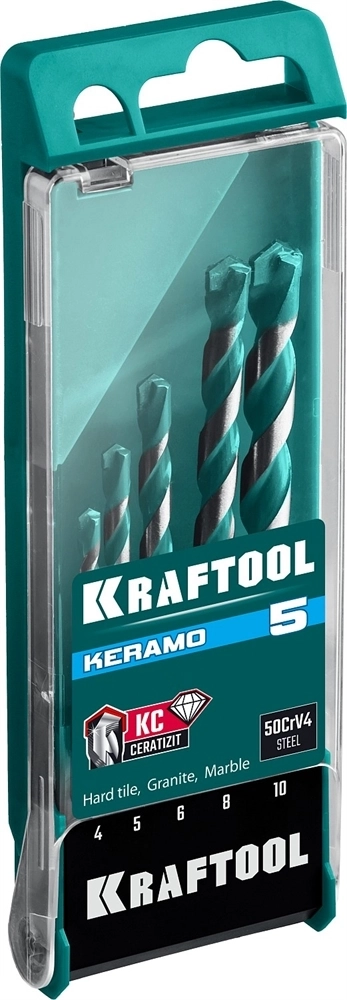 KRAFTOOL  Keramo, 5 шт: 4-5-6-8-10 мм набор сверл по керамограниту с твердосплавной пластиной, 29175-H5 29175-H5