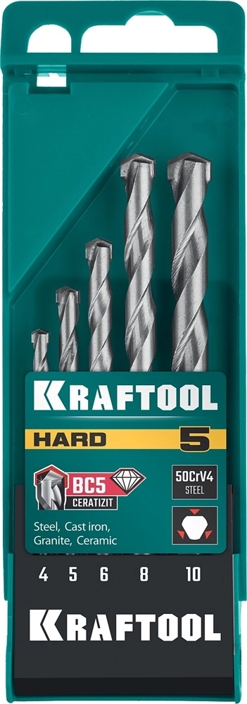KRAFTOOL  Hard, 5 шт: 4-5-6-8-10 мм, набор сверл по по твёрдым материалам, 29177-H5 29177-H5