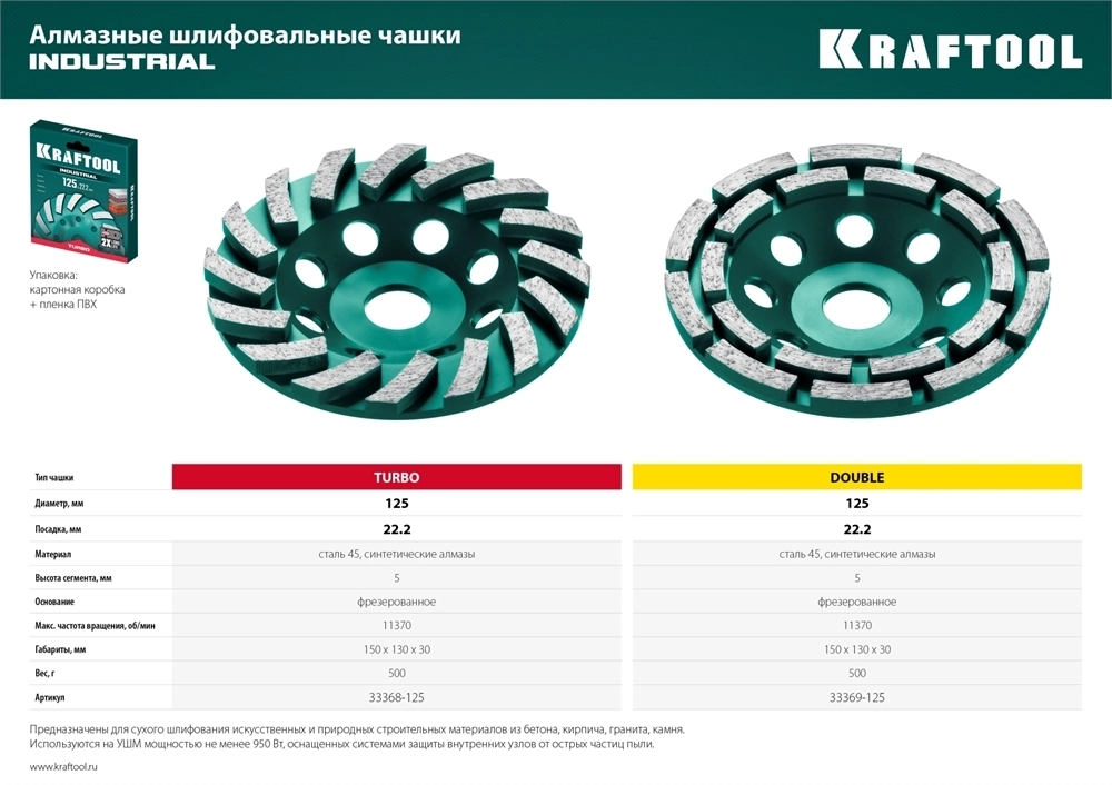 KRAFTOOL  Double, d 125 мм, двухрядная алмазная шлифовальная чашка, Профессионал (33369-125) 33369-125