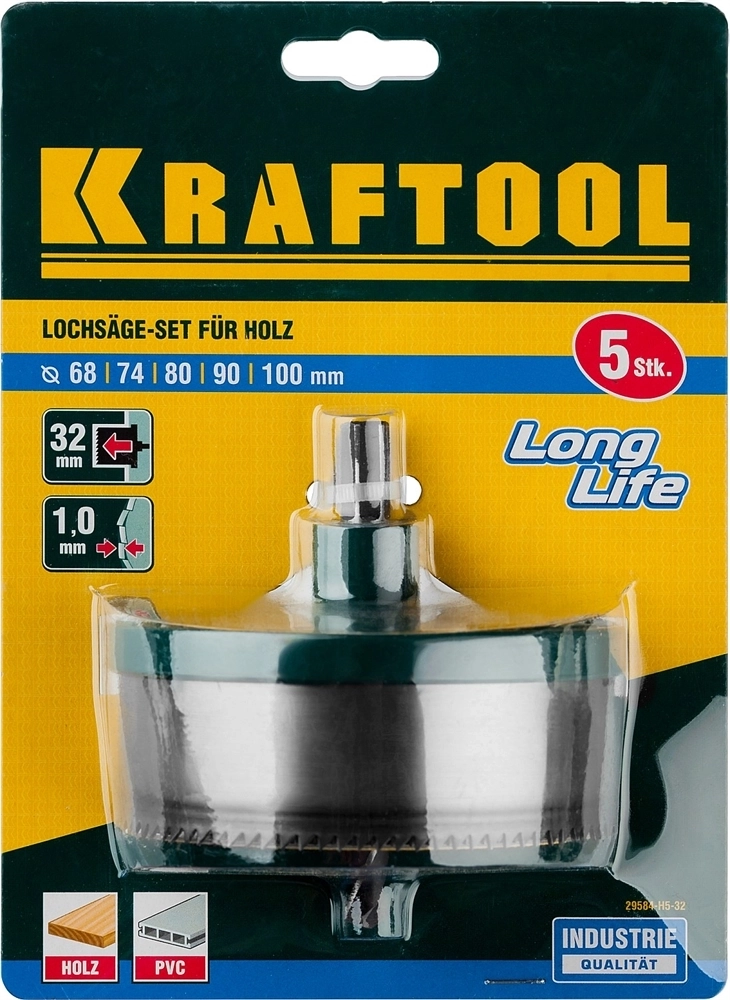 KRAFTOOL  5 шт, (68-74-80-90-100 x 32 мм), наборная кольцевая пила по дереву (29584-H5-32) 29584-H5-32