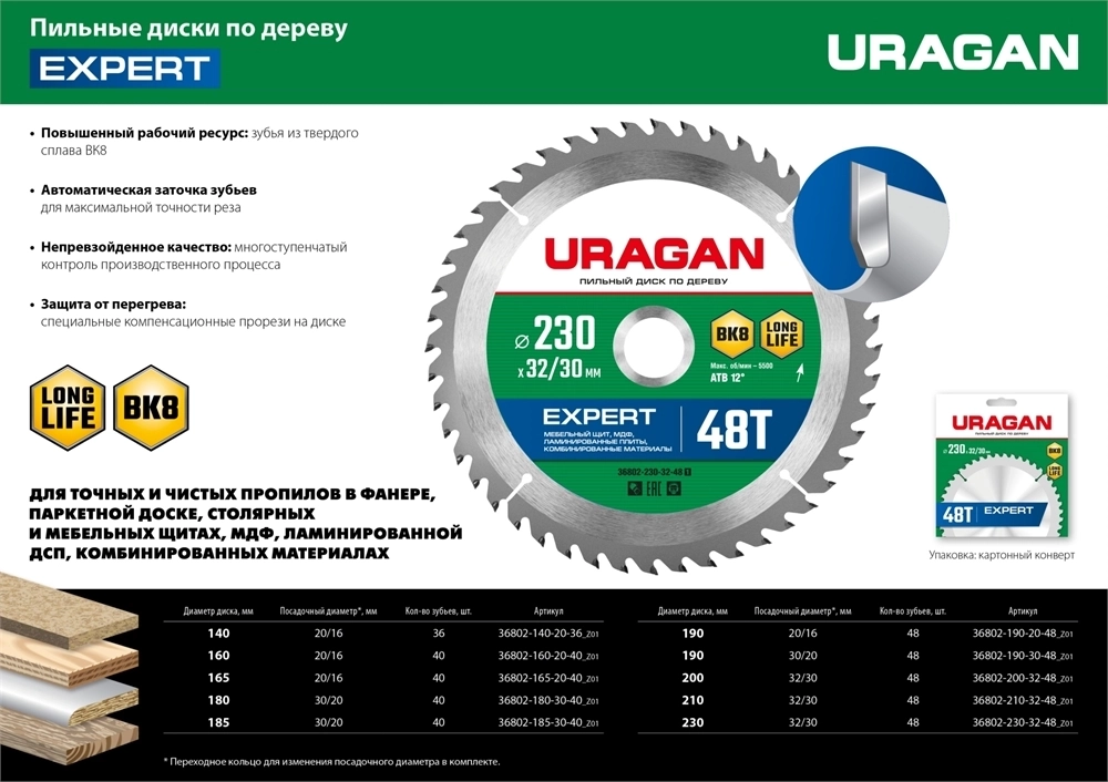 URAGAN  Expert, 190 х 20/16 мм, 48Т, пильный диск по дереву (36802-190-20-48) 36802-190-20-48_z01