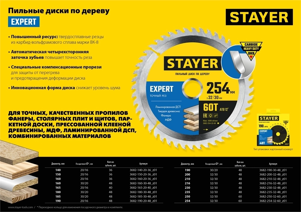 STAYER  Expert, 190 x 20/16 мм, 48Т, точный рез, пильный диск по дереву (3682-190-20-48) 3682-190-20-48_z01