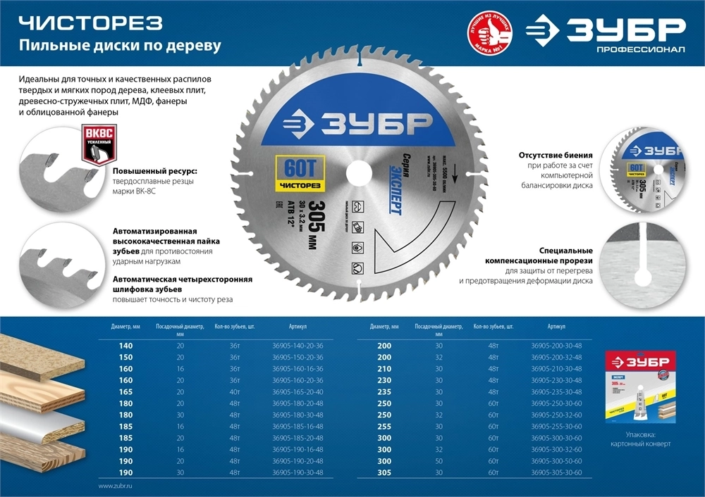ЗУБР  Чисторез, 300 x 32 мм, 60Т, пильный диск по дереву, Профессионал (36905-300-32-60) 36905-300-32-60