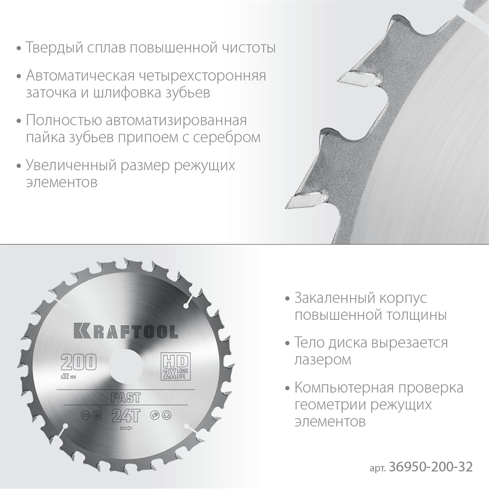 KRAFTOOL  Fast, 200 х 32 мм, 24Т, пильный диск по дереву (36950-200-32) 36950-200-32