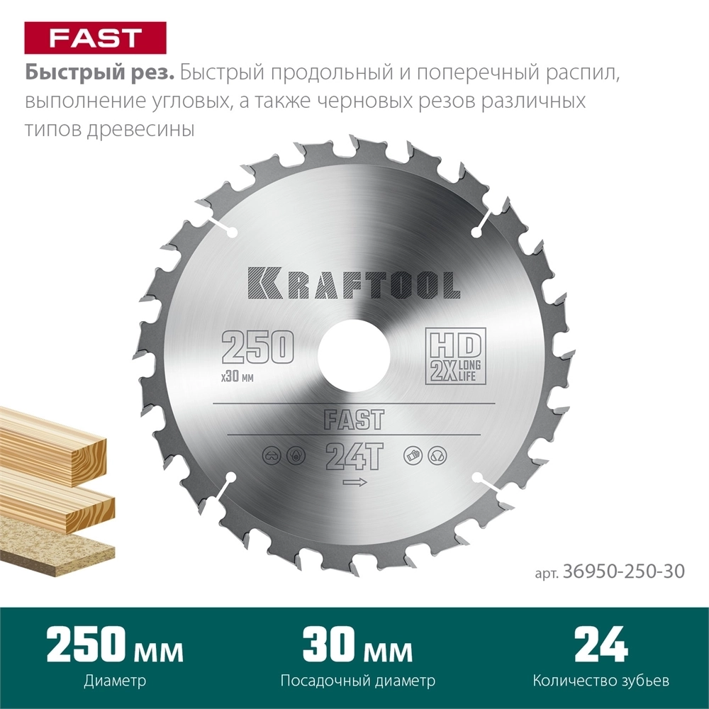 KRAFTOOL  Fast, 250 х 30 мм, 24Т, пильный диск по дереву (36950-250-30) 36950-250-30