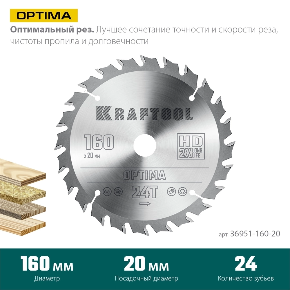 KRAFTOOL  Optima, 160 х 20 мм, 24Т, пильный диск по дереву (36951-160-20) 36951-160-20