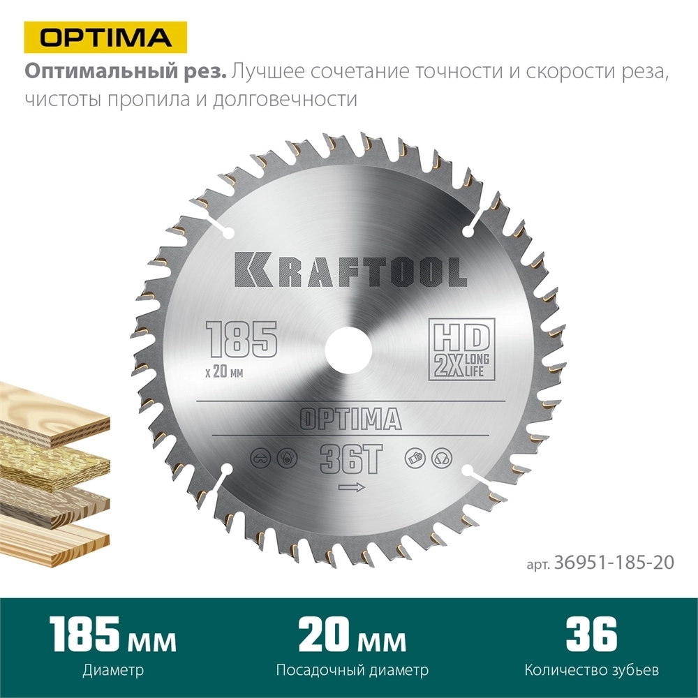 KRAFTOOL  Optima, 185 х 20 мм, 36Т, пильный диск по дереву (36951-185-20) 36951-185-20