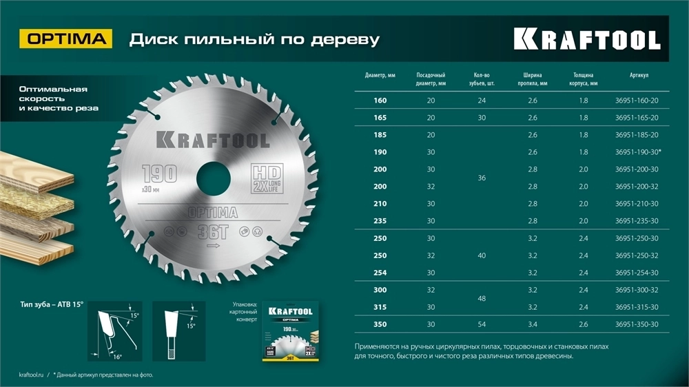 KRAFTOOL  Optima, 200 х 30 мм, 36Т, пильный диск по дереву (36951-200-30) 36951-200-30