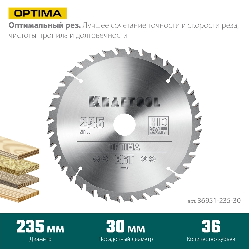 KRAFTOOL  Optima, 235 х 30 мм, 36Т, пильный диск по дереву (36951-235-30) 36951-235-30