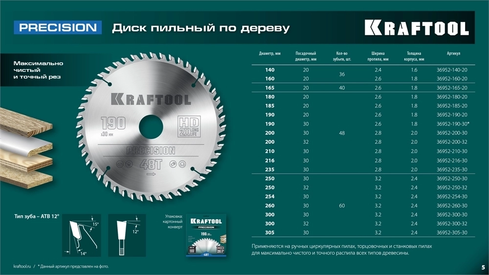 KRAFTOOL  Precision, 300 х 32 мм, 60Т, пильный диск по дереву (36952-300-32) 36952-300-32
