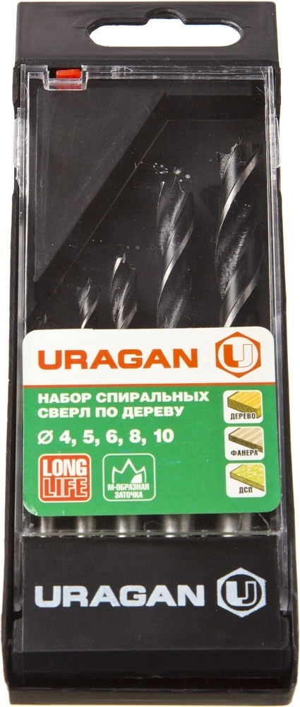 URAGAN  5 шт: 4-5-6-8-10 мм, набор спиральных сверл по дереву (29419-H5) 29419-H5