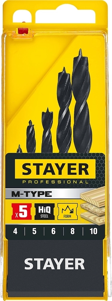STAYER  M-type, 5 шт: 4-5-6-8-10 мм, набор сверл спиральных по дереву (2942-H5) 2942-H5_z02