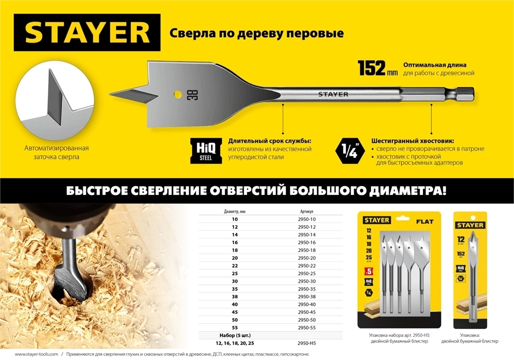 STAYER  Flat, 35 x 152 мм, перовое, cверло по дереву (2950-35) 2950-35_z01