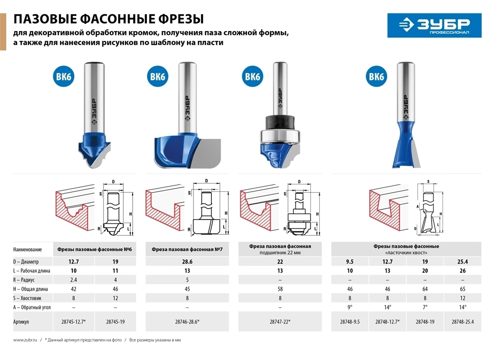 ЗУБР  25.4 x 26 мм, угол 14°, фреза пазовая фасонная ″Ласточкин Хвост″, Профессионал (28748-25.4) 28748-25.4