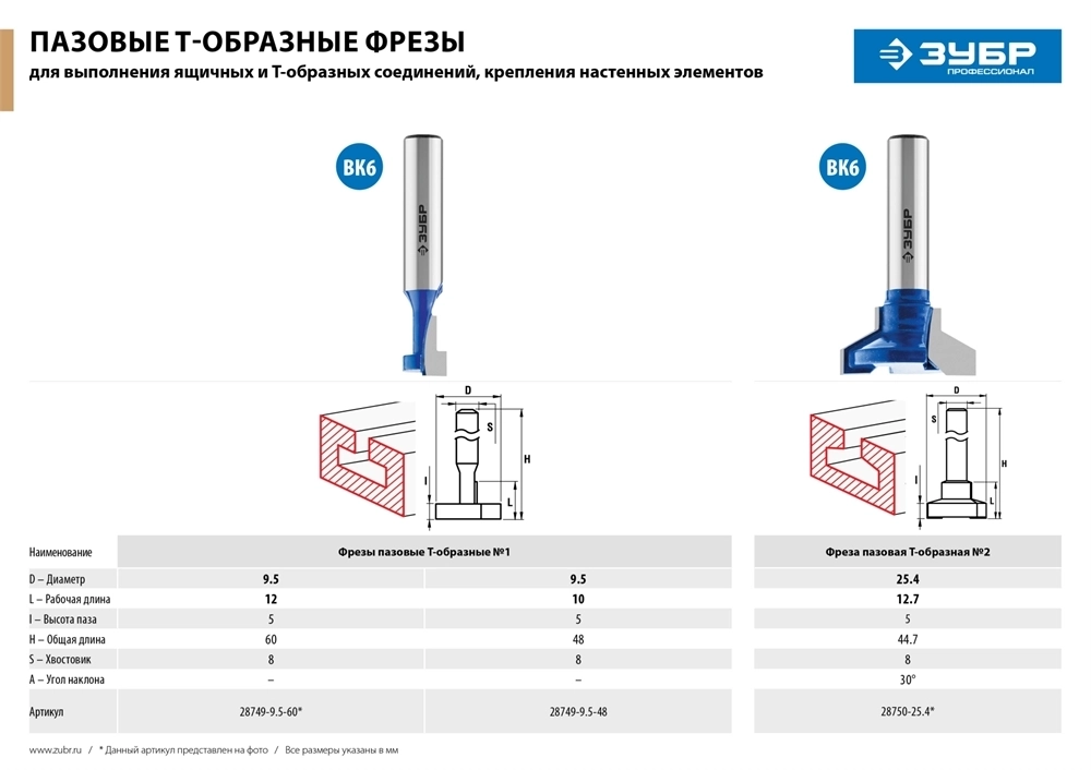 ЗУБР  9.5 x 12 мм, высота 5 мм, фреза пазовая Т-образная №1, Профессионал (28749-9.5-60) 28749-9.5-60