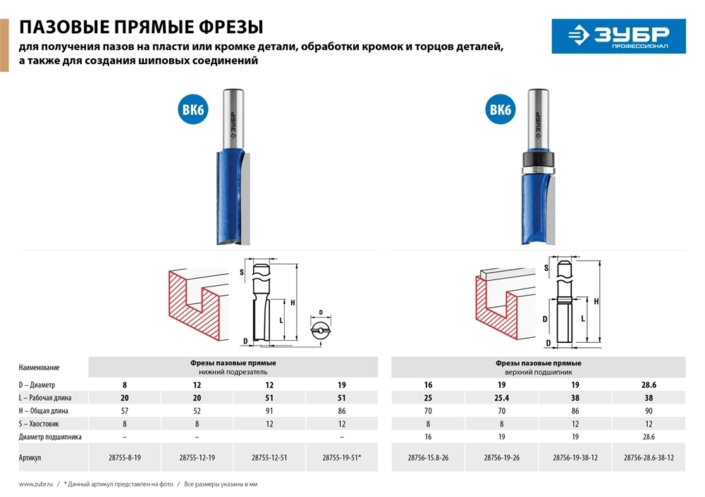ЗУБР  12 x 51 мм, хвостовик 12 мм, фреза пазовая прямая с нижними подрезателями, Профессионал (28755-12-51) 28755-12-51
