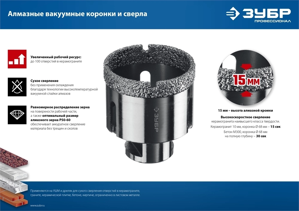 ЗУБР  АВК, d 80 мм, (М14, 15 мм кромка), вакуумная алмазная коронка, Профессионал (29865-80) 29865-80