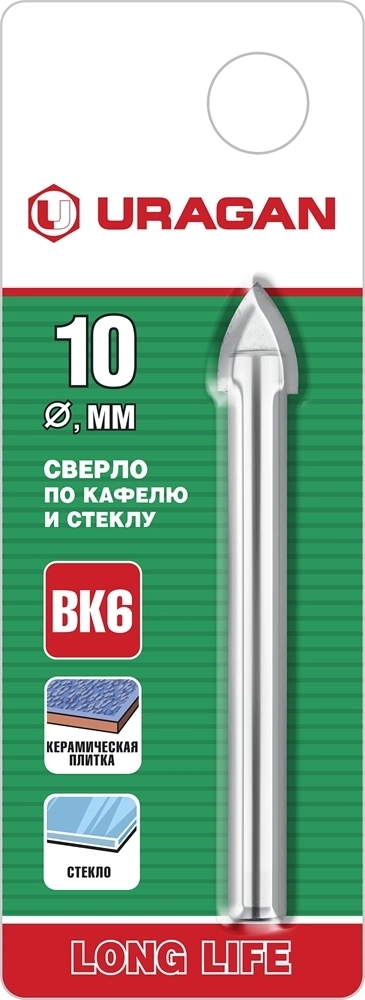 URAGAN  10 мм, 2х кромка, цилиндр хвостовик, Сверло по стеклу и кафелю (29830-10) 29830-10