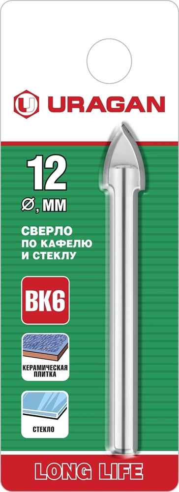URAGAN  12 мм, 2х кромка, цилиндр хвостовик, Сверло по стеклу и кафелю (29830-12) 29830-12