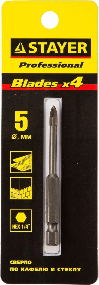 STAYER  5 мм, 4х кромка, HEX 1/4, Сверло по стеклу и кафелю (2985-05) 2985-05_z01