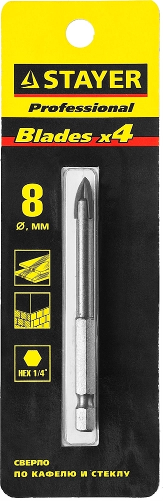 STAYER  8 мм, 4х кромка, HEX 1/4, Сверло по стеклу и кафелю (2985-08) 2985-08_z01