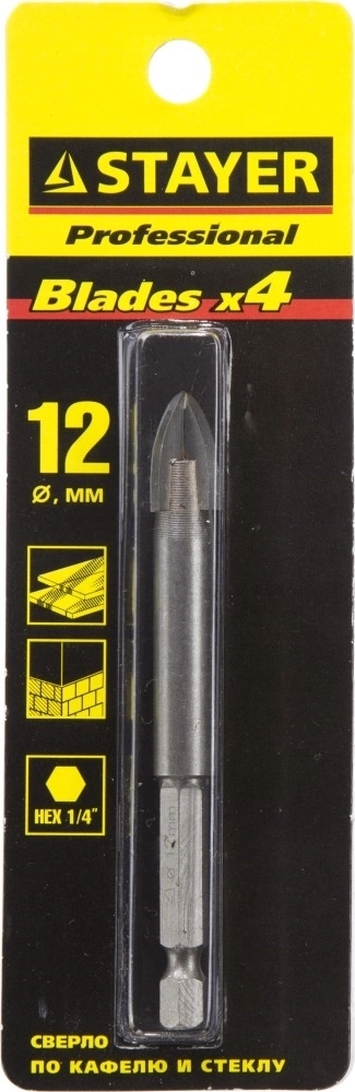 STAYER  12 мм, 4х кромка, HEX 1/4, Сверло по стеклу и кафелю (2985-12) 2985-12_z01