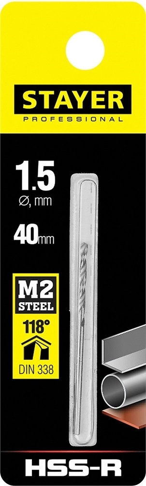 STAYER  HSS-R, 1.5 х 40 мм, быстрорежущая сталь P6M5, сверло по металлу, Professional (29602-1.5) 29602-1.5