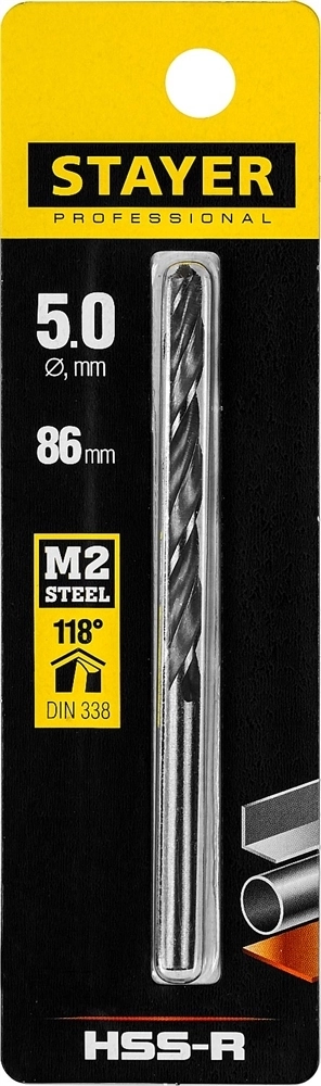 STAYER  HSS-R, 5.0 х 86 мм, быстрорежущая сталь P6M5, сверло по металлу, Professional (29602-5) 29602-5