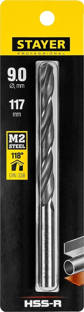 STAYER  HSS-R, 9.0 х 125 мм, быстрорежущая сталь P6M5, сверло по металлу, Professional (29602-9) 29602-9