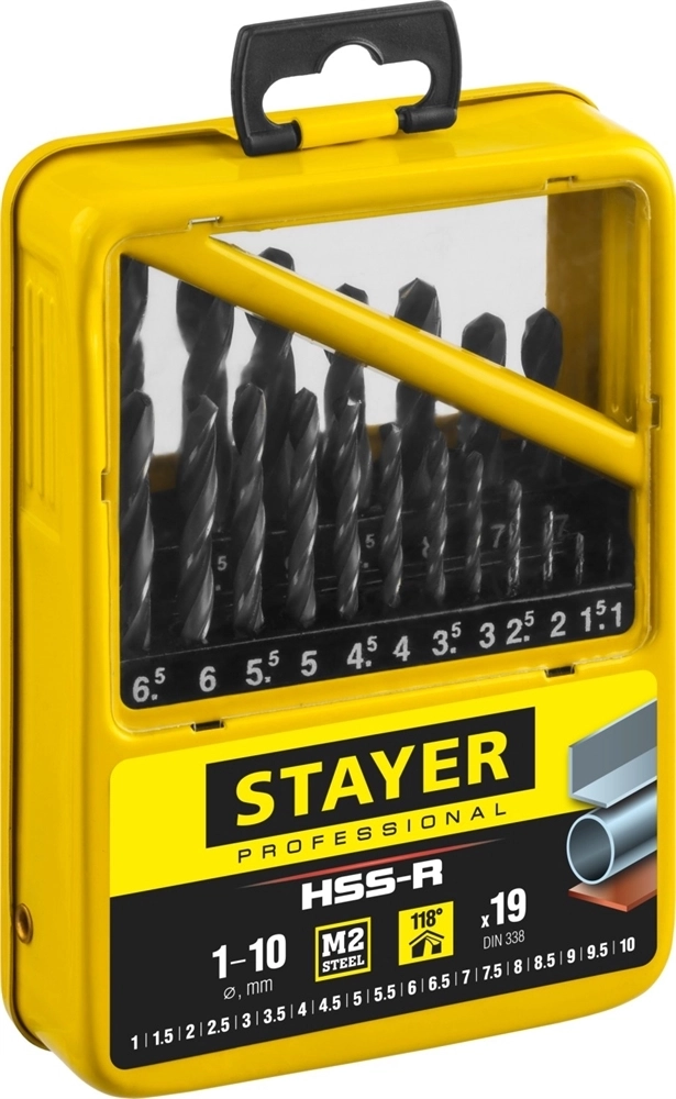 STAYER  HSS-R, 19 шт, (1-10 мм), быстрорежущая сталь P6M5, класс В, мет.бокс, набор сверл по металлу, Professional (29602-H19-M) 29602-H19-M_z01