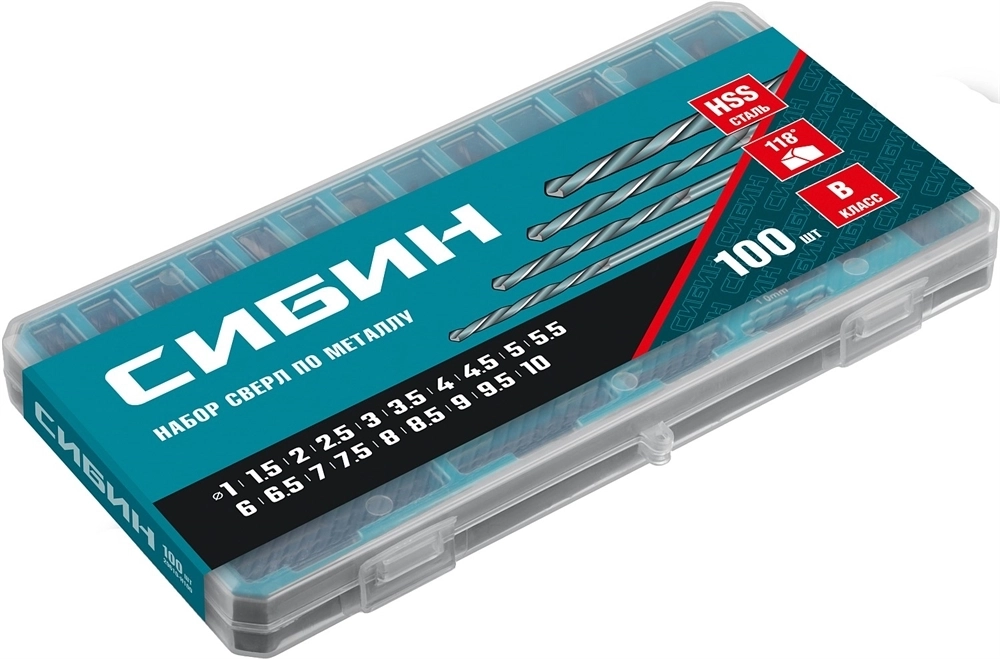 СИБИН  100 шт, (1-10 мм), быстрорежущая сталь, класс В, пласт.бокс, набор сверл по металлу (29610-H100) 29610-H100
